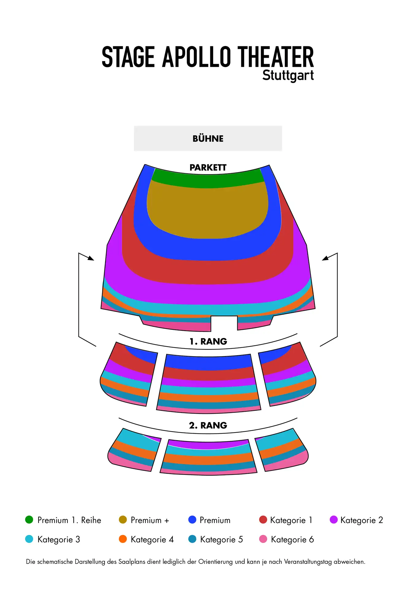 Schematische farbige Darstellung des Saalplans vom Stage Apollo Theater Stuttgart mit Bühne, Parkett und zwei Rängen in verschiedenen Kategorien