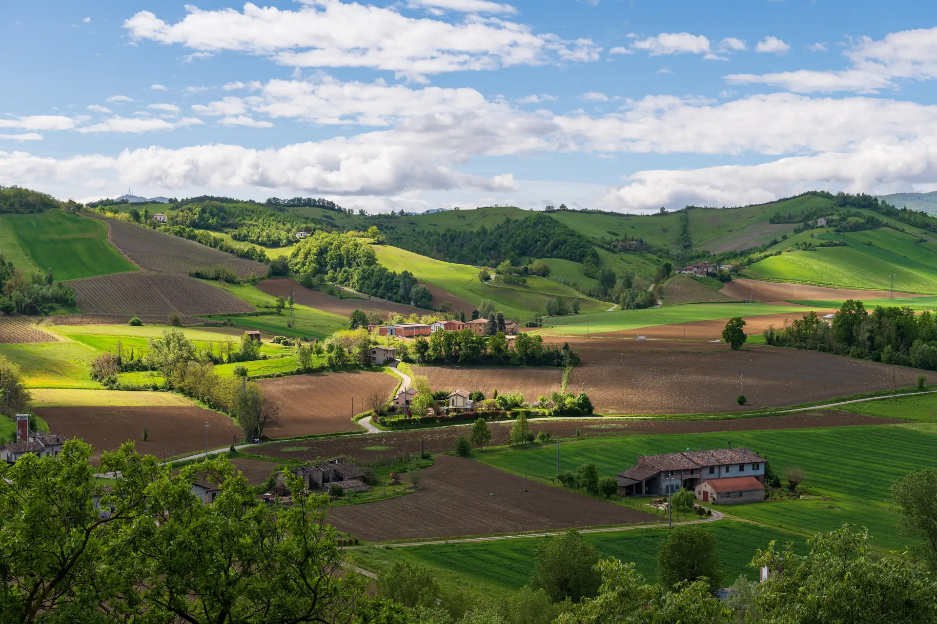 Landschaft mit hügeligen Feldern, Bauernhäusern und vereinzelten Bäumen unter einem bewölkten Himmel in der Emilia Romagna.