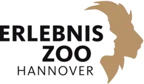 Erlebnis-Zoo Hannover: Logo mit stilisierten Tier- und Menschenprofilen in Beige auf schwarzem Hintergrund