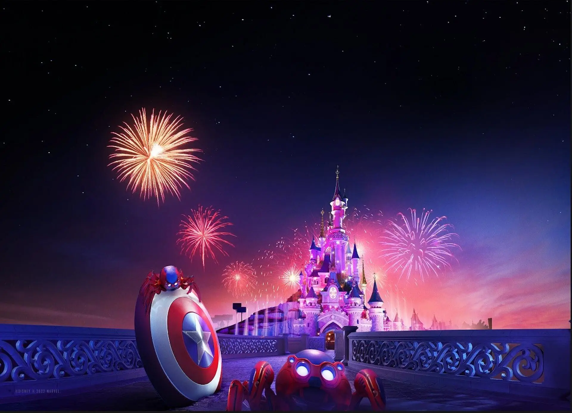 Zeichnung von Cinderella Castle bei Feuerwerk im Disneyland Paris mit Hotel