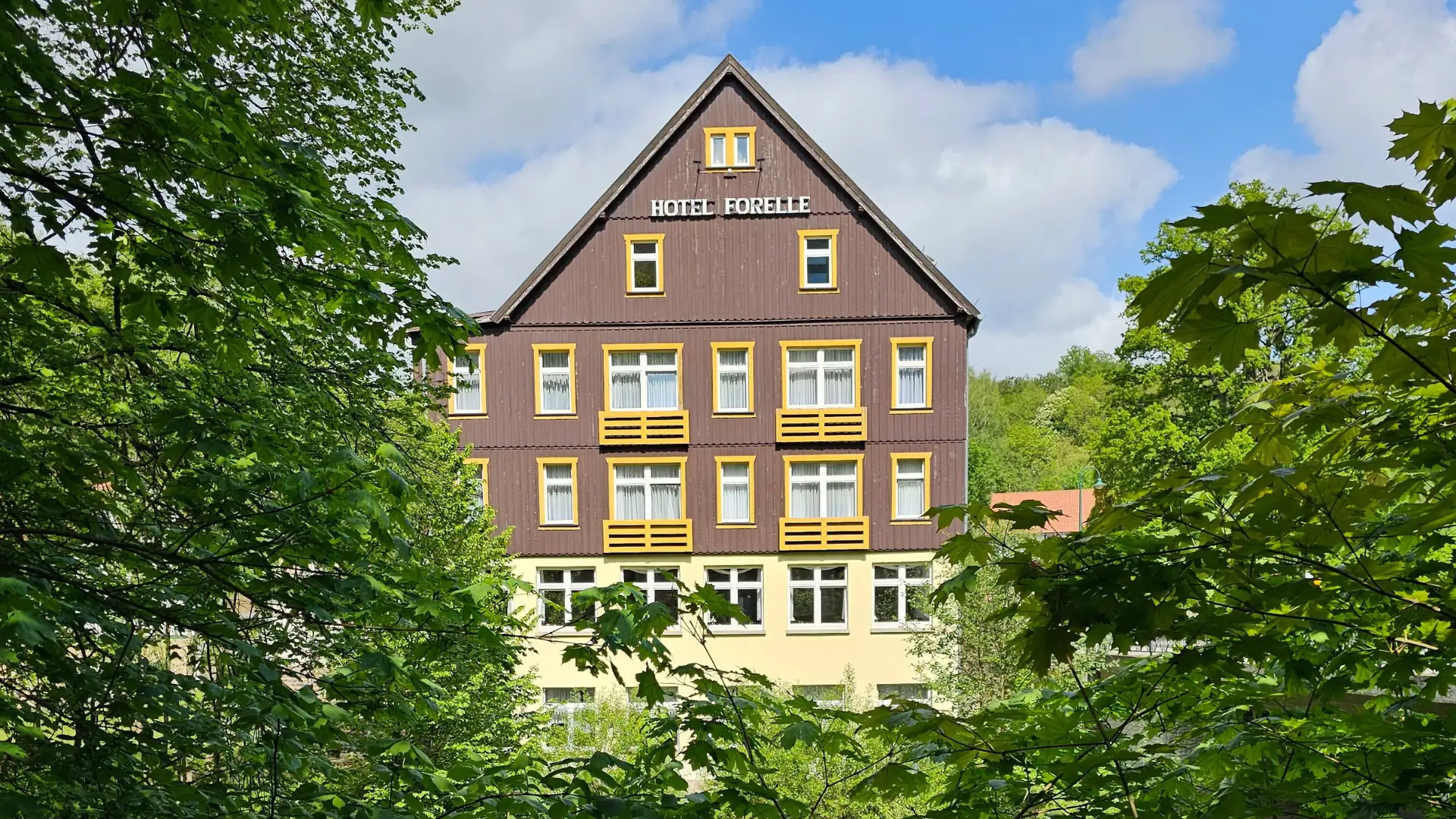 Hotel Forelle, dreistöckiges Gebäude mit spitzem Dach, umgeben von grünen Bäumen unter blauem Himmel