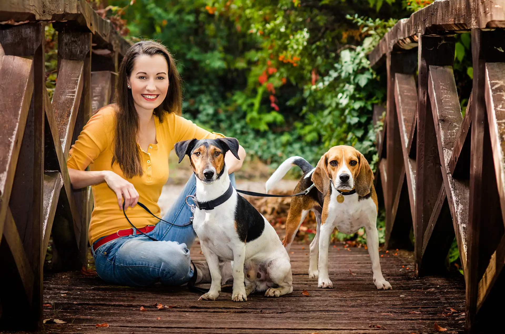 Frau sitzt auf einer Holzbrücke mit zwei Hunden an der Leine, umgeben von grünem Laub.