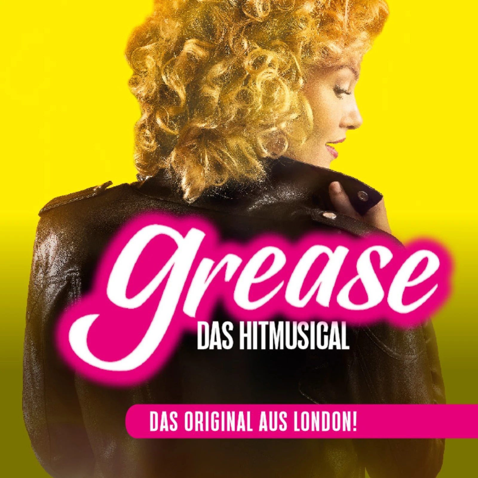 Logo des Musicals Grease mit den beiden Hauptdarstellern und pinkweißen Schriftzug, Quadrat