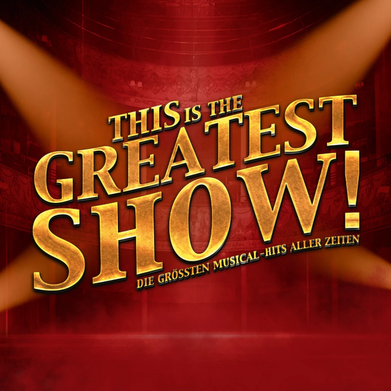 Logo des Musicals The Greatest Show mit den Schauspielern und goldenen Schriftzug im Quadrat