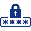 Blaues Symbol mit Vorhängeschloss über vier Sternchen in einem Rechteck, das ein Passwortfeld darstellt.