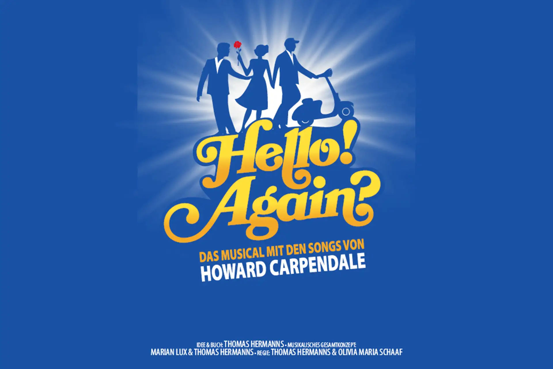 Drei stilisierte Figuren in Abendkleidung vor blauem Hintergrund mit gelbem Schriftzug 'Hello Again?' und Text zu Musical und Howard Carpendale (1920x1280px)