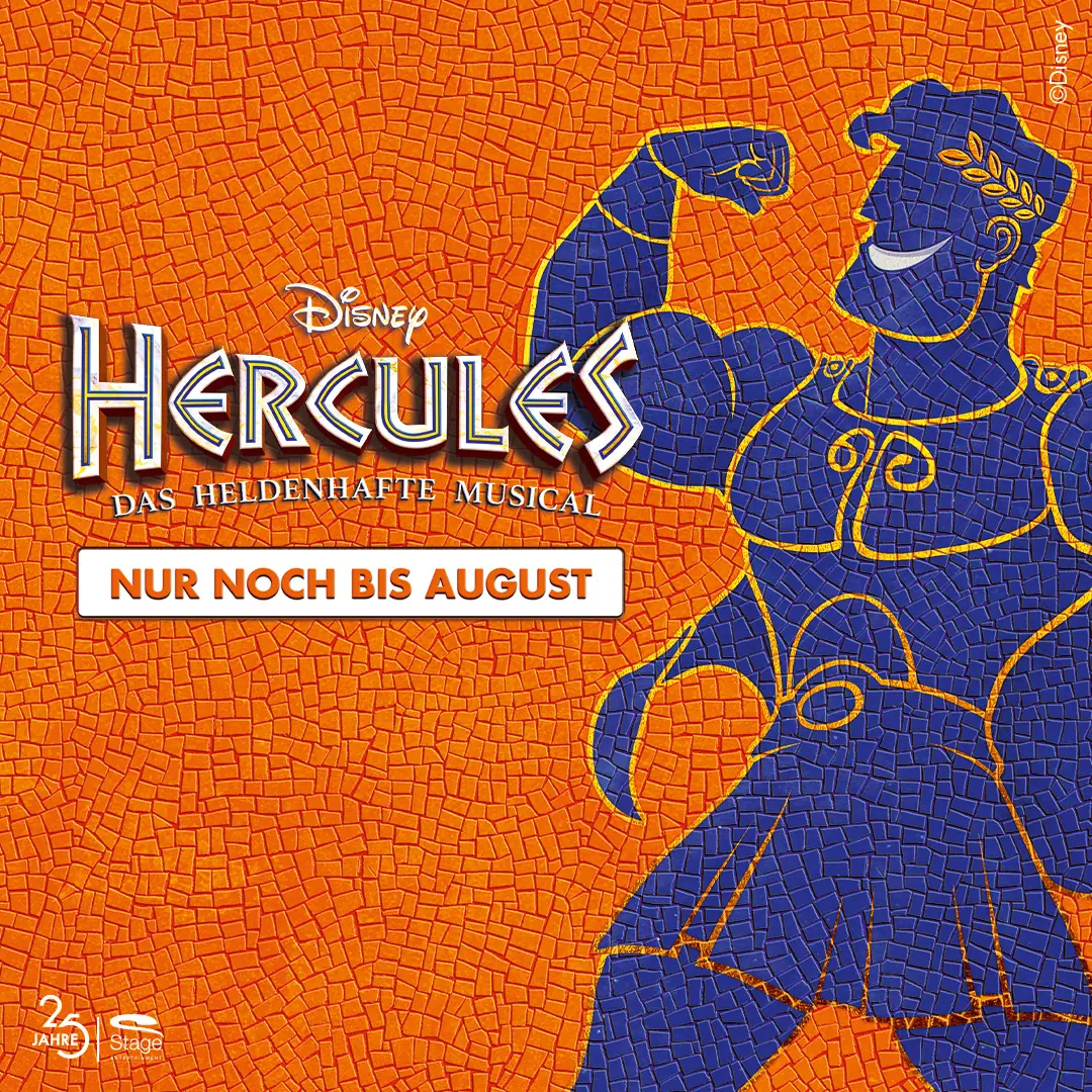 Hercules – Das heldenhafte Musical, Logo in Mosaik-Optik in Orange und Blau mit Hinweis 
