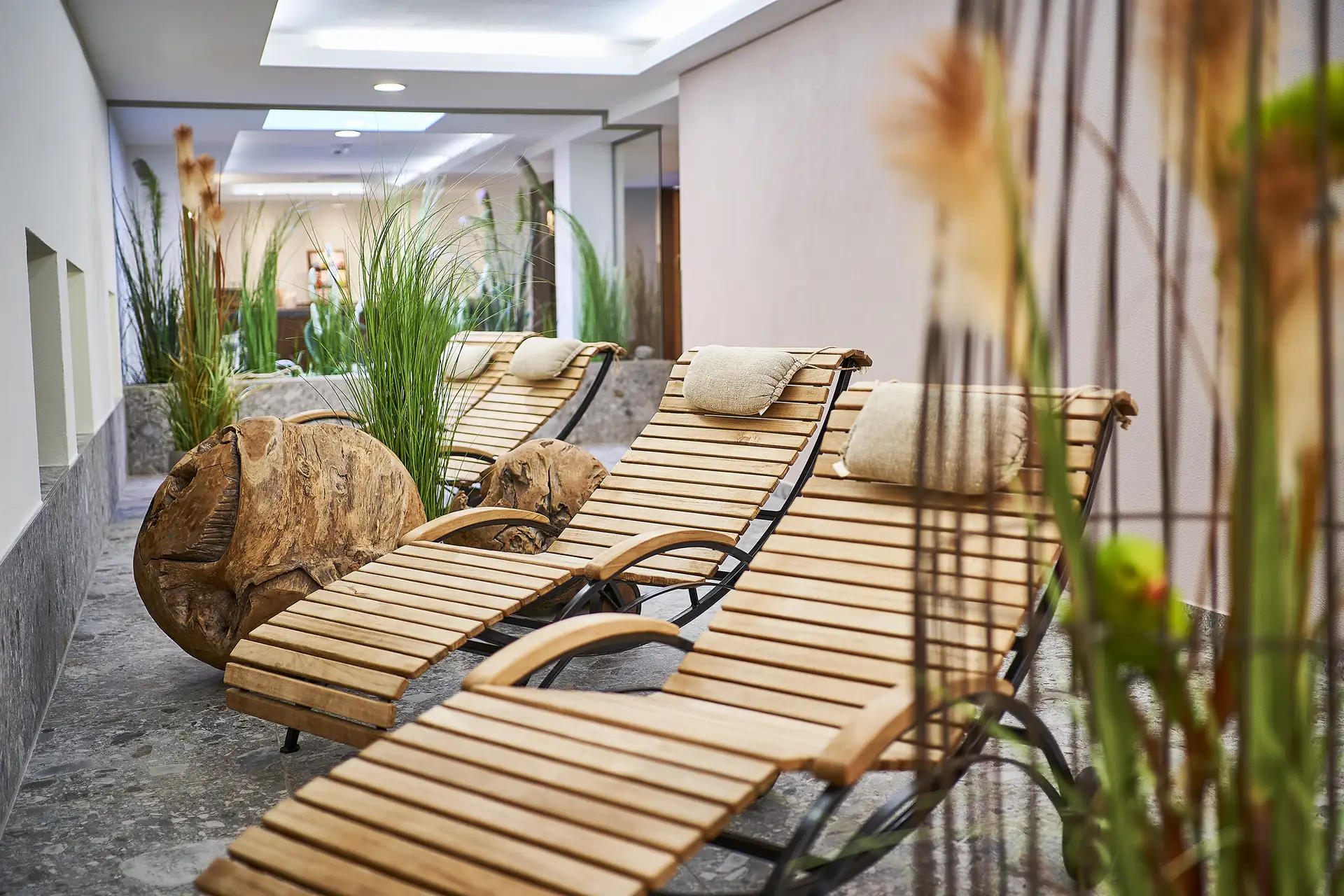 Zwei Holzliegestühle mit Kissen stehen in einem Wellnessbereich des Hotels City Krone, umgeben von Pflanzen und einem großen Holzstück.