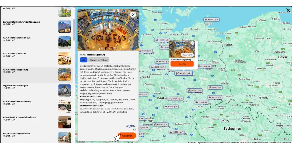 Digitale Landkarte von Deutschland mit markierten Hotelstandorten und einem geöffneten Informationsfenster zum ACHAT Hotel Magdeburg mit Bild, Beschreibung und Buchungsbutton