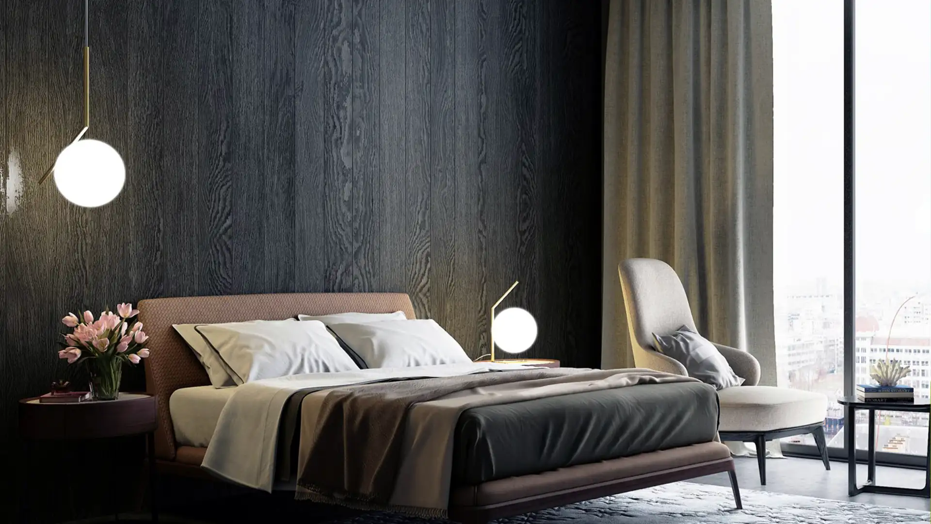 Hotelmarken Symbolbild: Komfortables Doppelbett und Sessel in einem eleganten Hotelzimmer in gedeckten Farben.