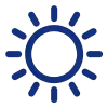 Blaues Piktogramm einer Sonne mit rundem Kern und zwölf Strahlen.