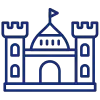 Blaues Icon eines Schlosses mit zwei Türmen, einem mittleren Torbogen und einer Fahne auf dem Dach.
