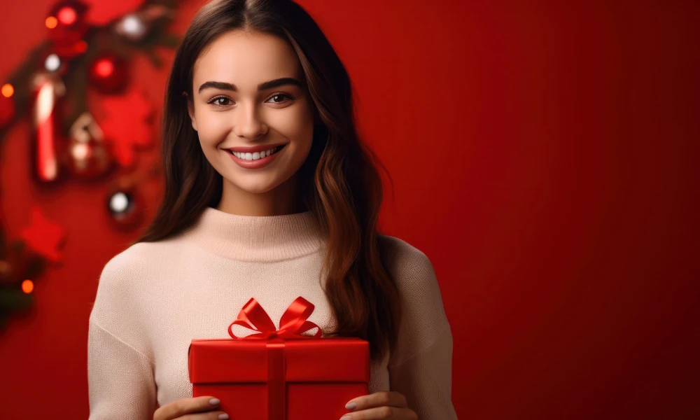 Das Bild zeigt eine junge Frau, die vor einem festlich dekorierten, roten Hintergrund mit Weihnachtsbaum und Dekorationen steht. Sie lächelt freundlich und hält ein sorgfältig verpacktes Geschenk mit rotem Band in den Händen. Ihr Outfit ist schlicht, ein helles, gemütliches Oberteil, das die warme, weihnachtliche Atmosphäre des Bildes unterstreicht. Die Szene strahlt Freude und festliche Stimmung aus.