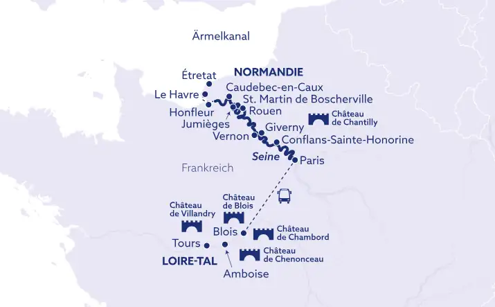 Zauber der Seine & Schlösser der Loire: Karte mit Flussverlauf der Seine und Loire, markiert mit Städten, Burgen und Kreuzfahrtroute von Paris bis Amboise.