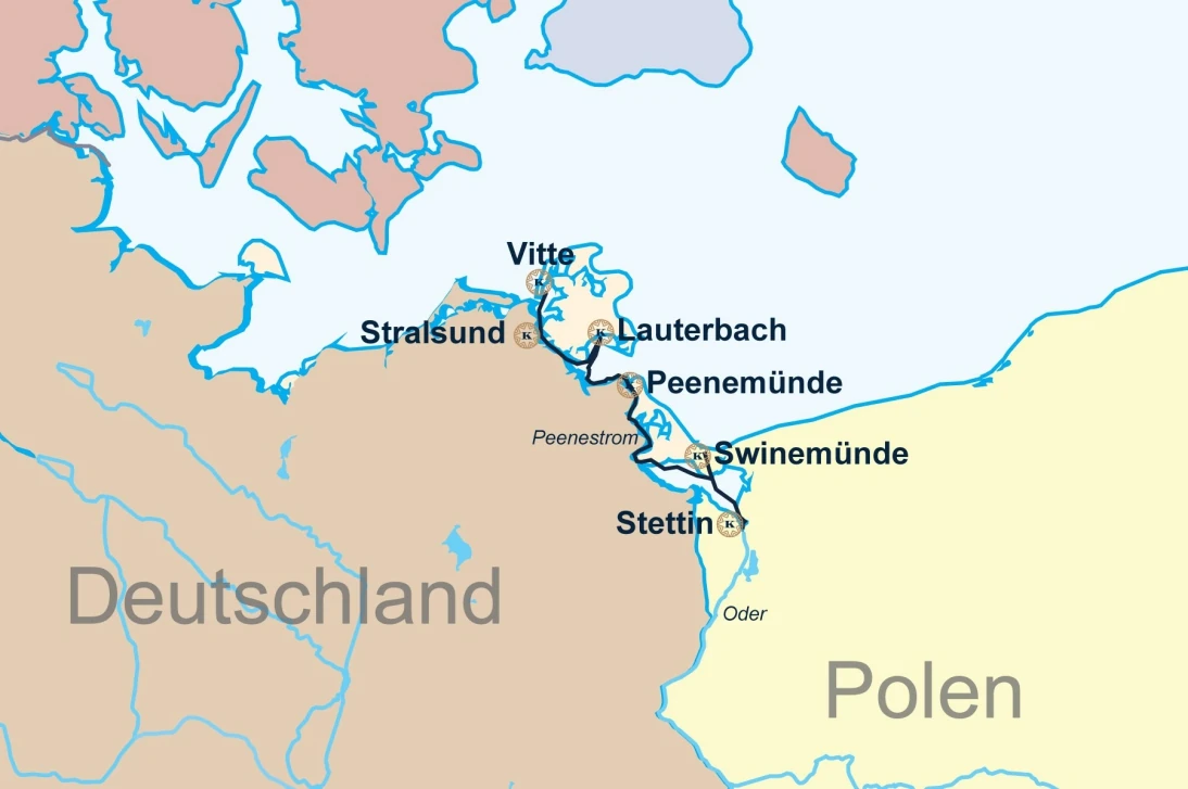 Reiseroute der Kreuzfahrt - Inselperlen der Ostsee - von Stralsund über Lauterbach, Swinemünde, Stettin, Peenemünde, Vitte und wieder zurück nach Stralsund