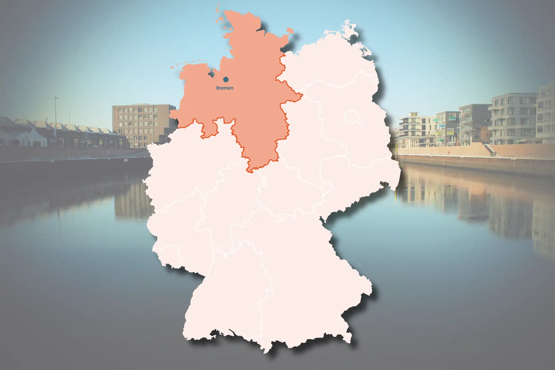 Deutsche Städte im Norden Karte: Deutschlandkarte, in der der Norden markiert ist mit Stadtbild von Bremen im Hintergrund.