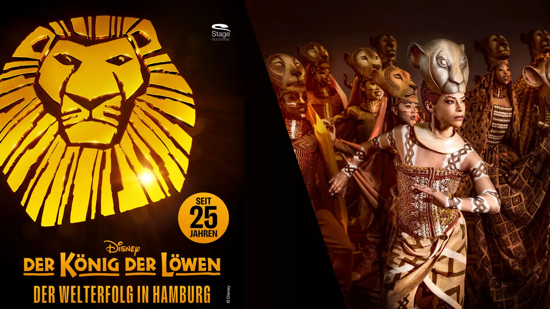 Szenenbild aus dem Musical 'Der König der Löwen' mit einer Gruppe von Darstellern in aufwendigen Kostümen und Tiermasken, links das stilisierte Löwenkopf-Logo mit dem Text 'Disney Der König der Löwen Der Welterfolg in Hamburg seit 25 Jahren'