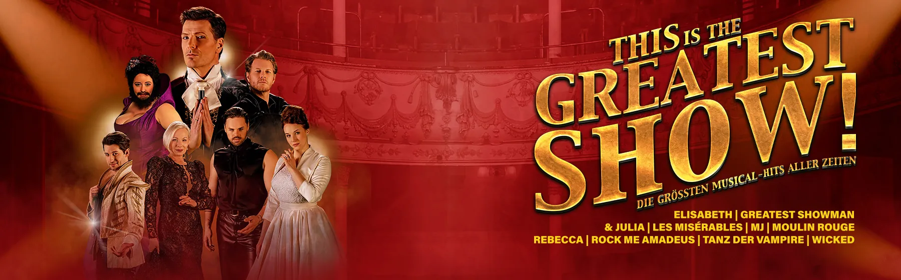 Logo des Musicals The Greatest Show mit den Schauspielern und goldenen Schriftzug, Panoramabild