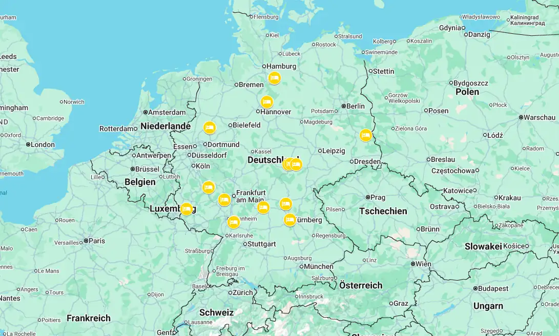 Karte von Mitteleuropa mit markierten Standorten in Deutschland - kleine Städte mit schöner Altstadt