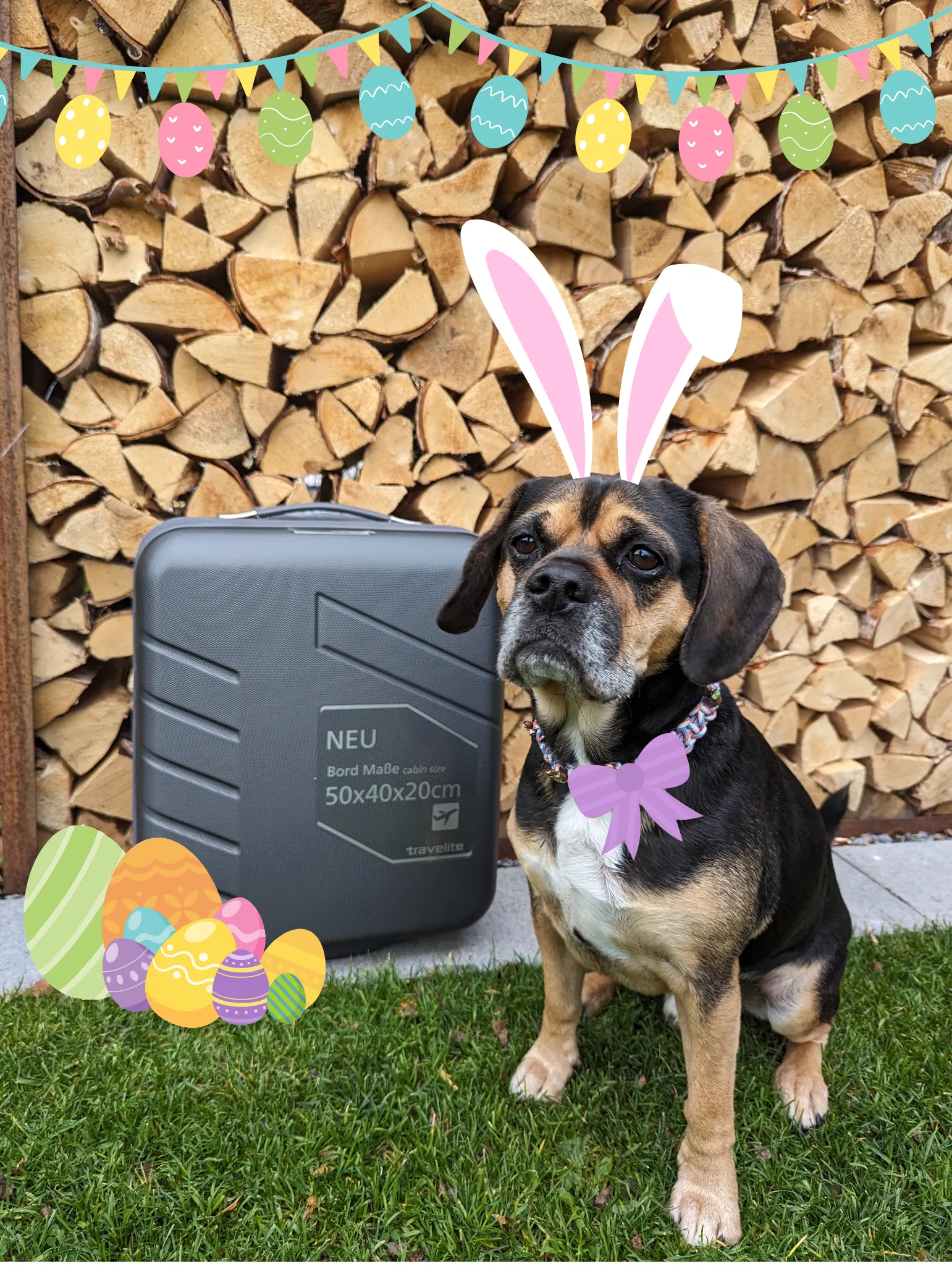Handgepäckskoffer Ostergewinnspiel 2024 mit Bürohund