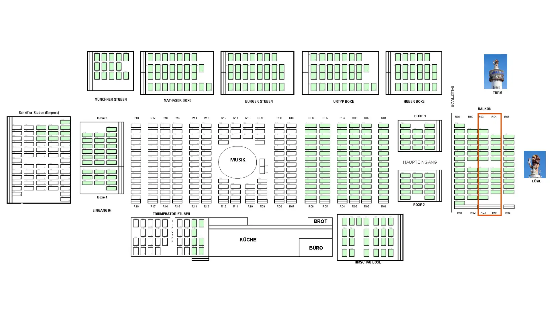 Schematischer Plan des Löwenbräu Festzelt: Tische auf dem Balkon in Reihe 3 & 4 orange umrandet.
