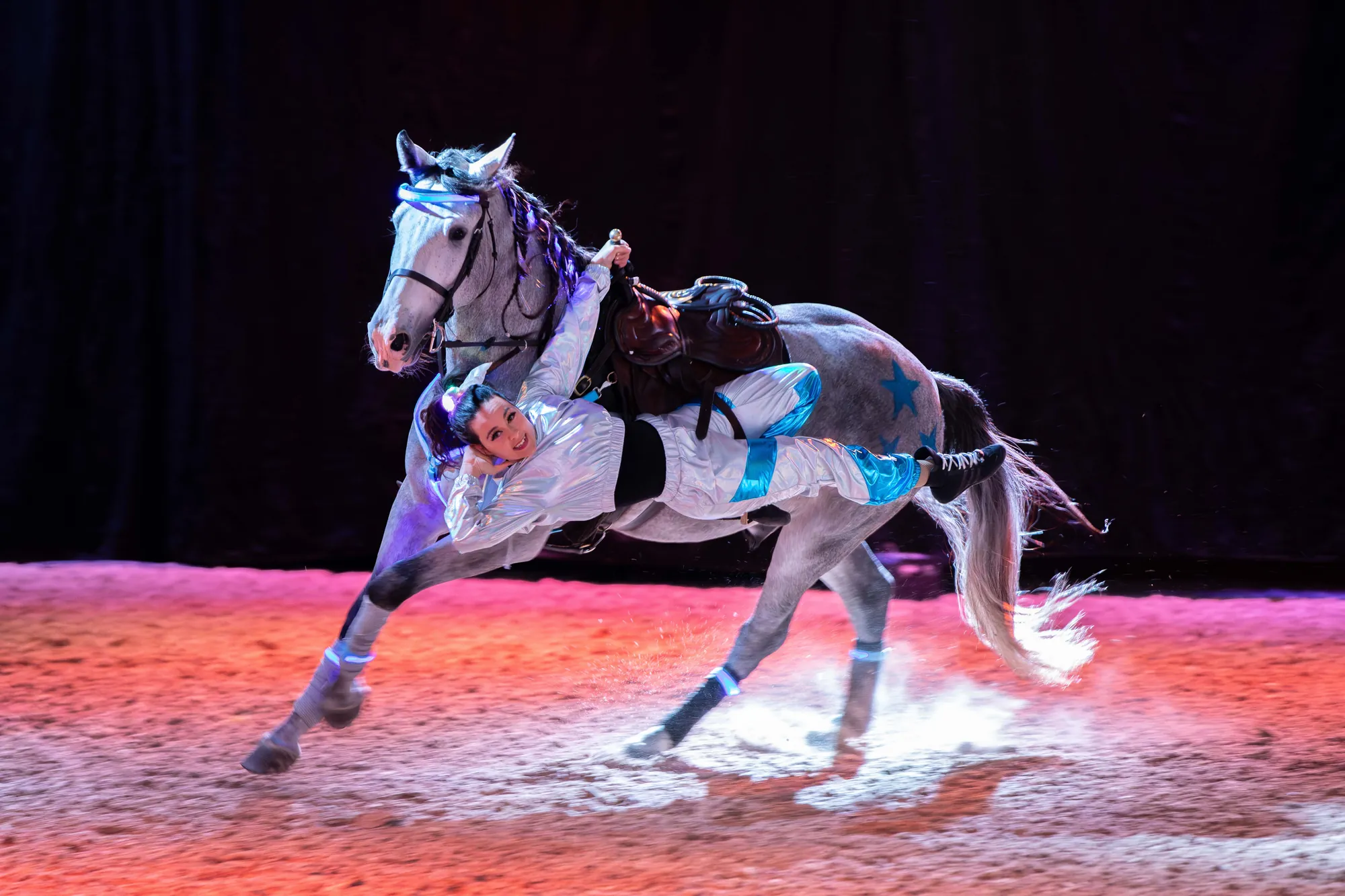 Ein Reiter führt akrobatische Übungen auf einem Pferd in einem Zirkus auf.