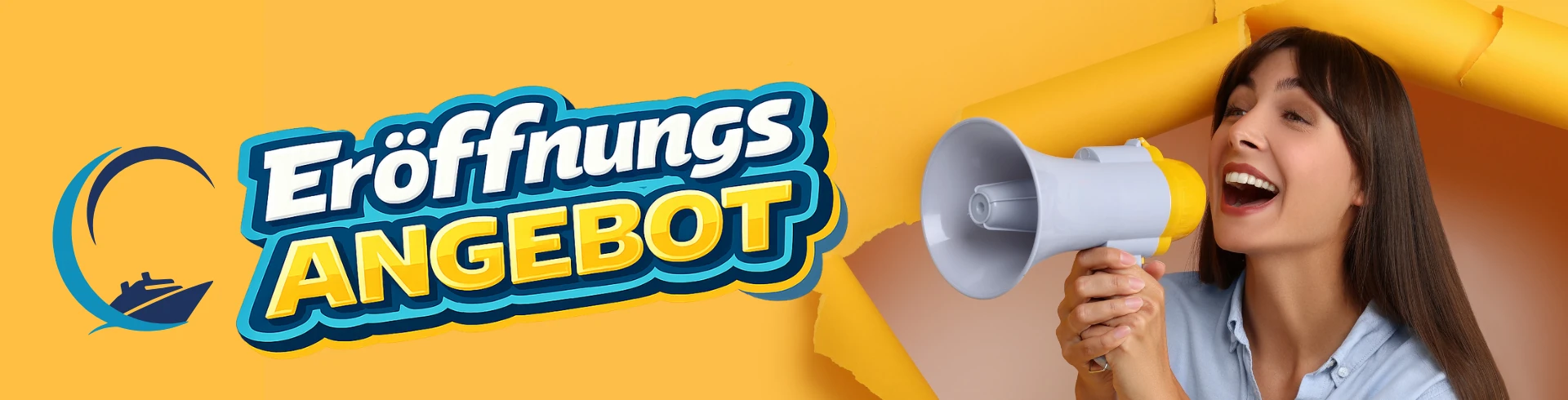 Frau mit langem Haar hält ein Megafon vor gelbem Hintergrund mit dem Schriftzug 'Eröffnungs ANGEBOT'