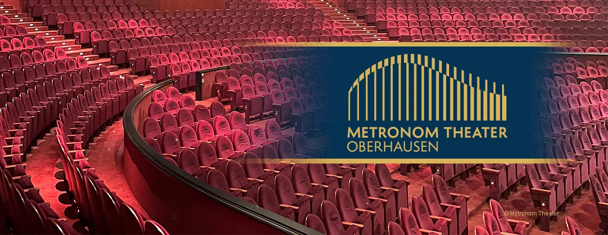 Metronom Theater Oberhausen, Sitzplatzreihen mit neuem Theater-Logo im Vordergrund (quer)