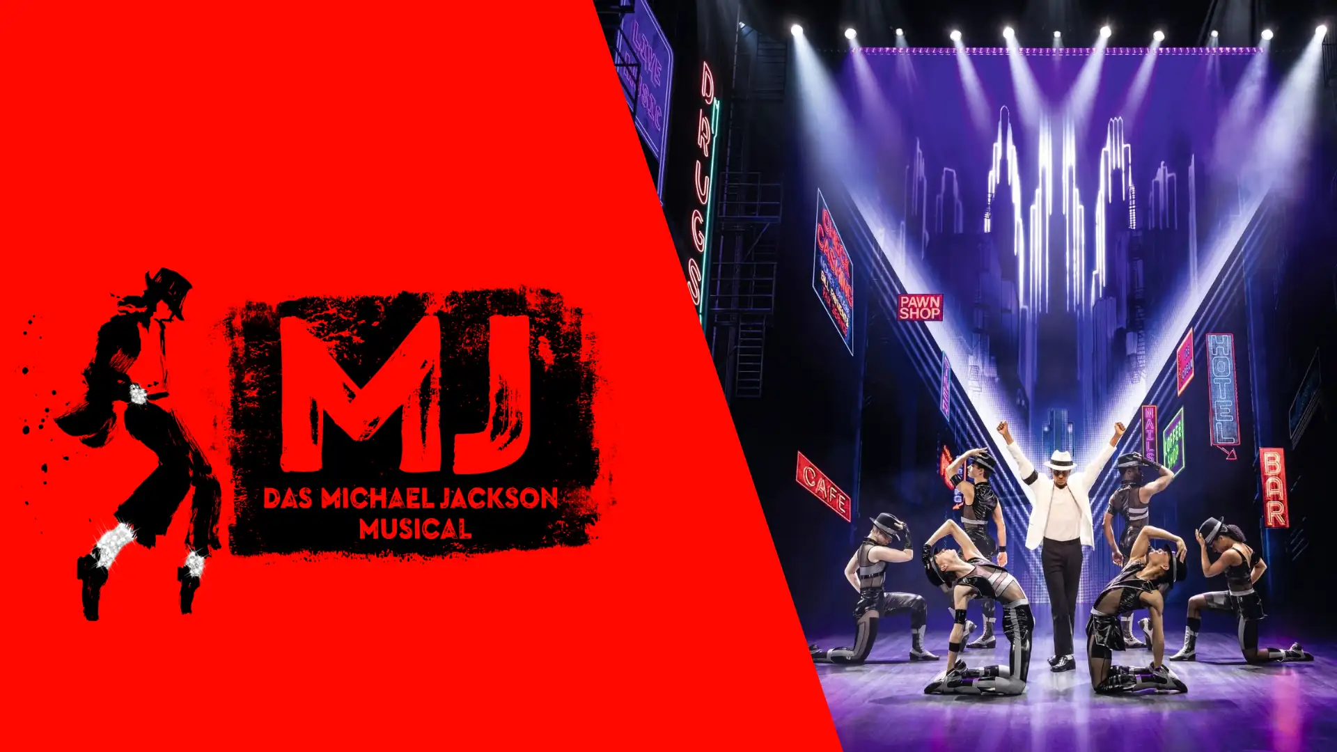 Michael-Jackson-Musical-Logo auf rotem Hintergrund neben einer Bühnenszene mit Tänzern und einer Skyline-Projektion