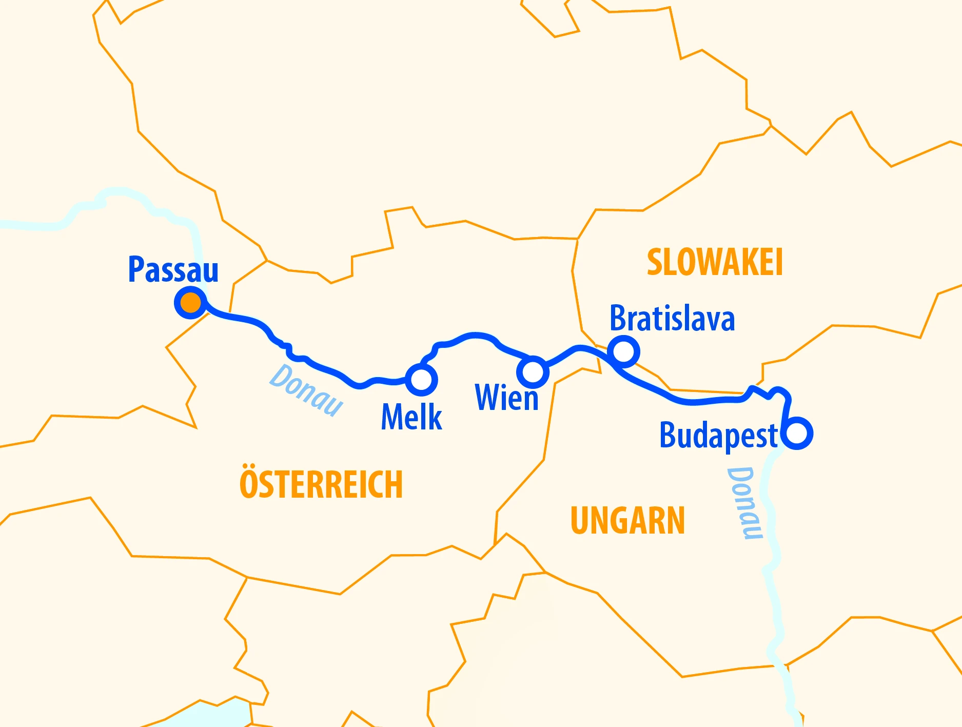 Karte mit blauem Flussverlauf der Donau von Passau über Melk und Wien bis Budapest, Länder Österreich, Slowakei und Ungarn in Orange beschriftet