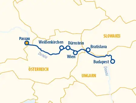 MS VistaSTAR, Karte der Donau Route: Passau – Wien – Budapest – Bratislava – Weißenkirchen / Dürnstein – Passau
