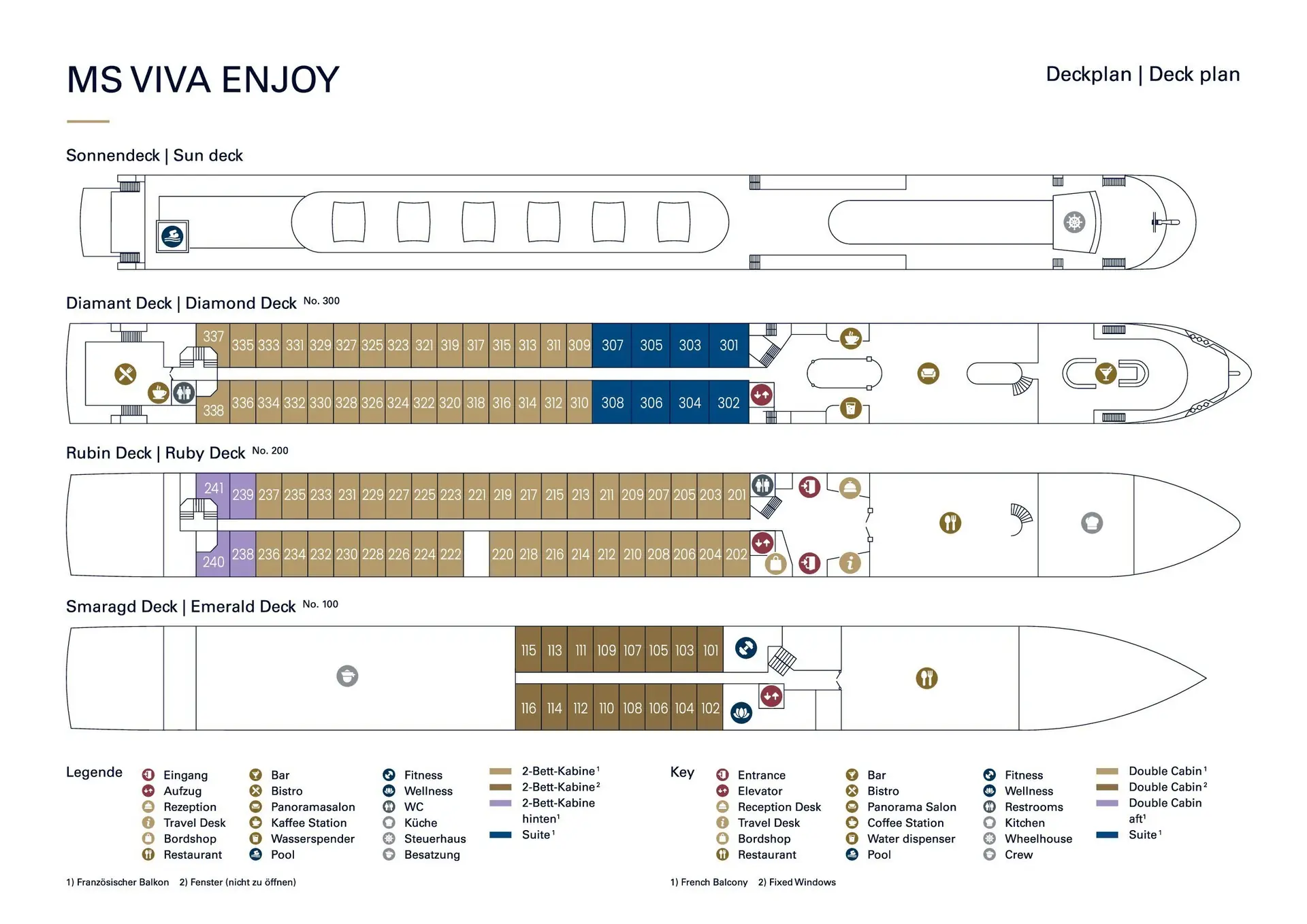 Deckplan der MS VIVA ENJOY mit allen Bordeinrichtungen