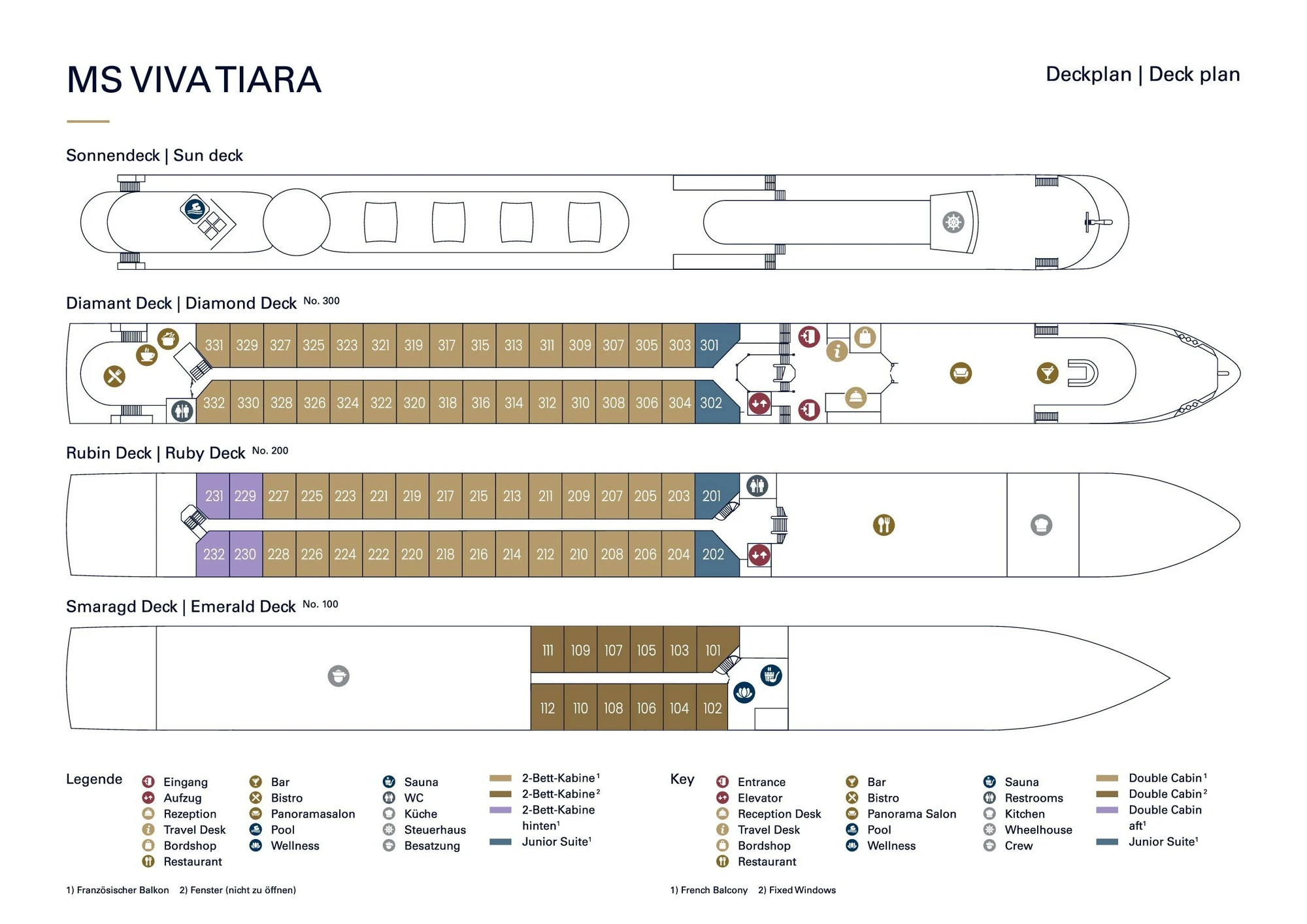 VIVA TIARA Deckplan mit Angabe der Kabinennummern und Lage der Schiffseinrichtungen