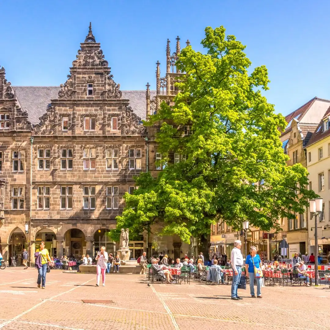Historischer Stadtplatz mit einem großen Baum und Menschen, die sich entspannen.