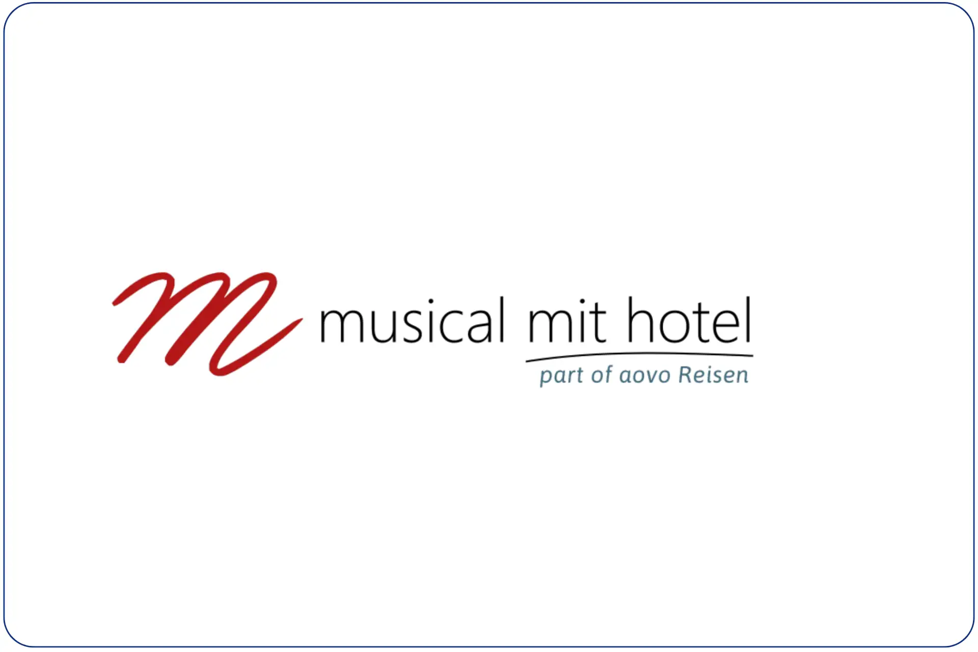 musical mit hotel (part of aovo Reisen), Logo mit rotem M und schwarzer Schrift mit dunkelblauer umrahmender Linie