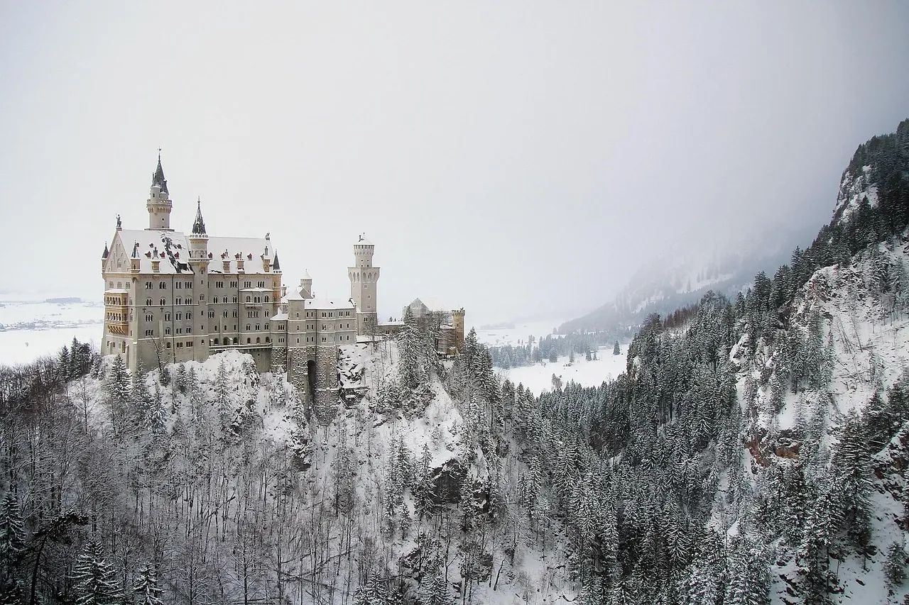 Schloss Neuschwanstein im Winter – ein märchenhaftes Schloss auf einem verschneiten Hügel, umgeben von schneebedeckten Bäumen und einer nebligen Alpenlandschaft. Ein ikonisches Wahrzeichen Bayerns, das an ein Märchenschloss erinnert.