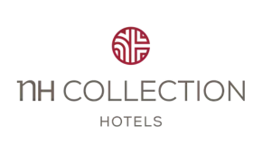 NH Collection Hotels Logo: Rotes Emblem und grauer Schriftzug auf transparentem Grund.