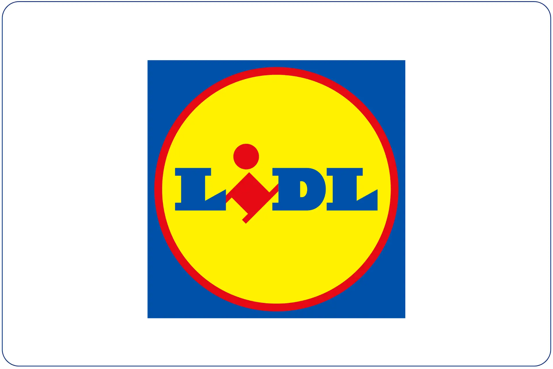 Blaues Quadrat mit gelbem Kreis und rotem Rand, darin der Schriftzug 'LIDL' in blauen Großbuchstaben mit rotem Punkt über dem 'I'