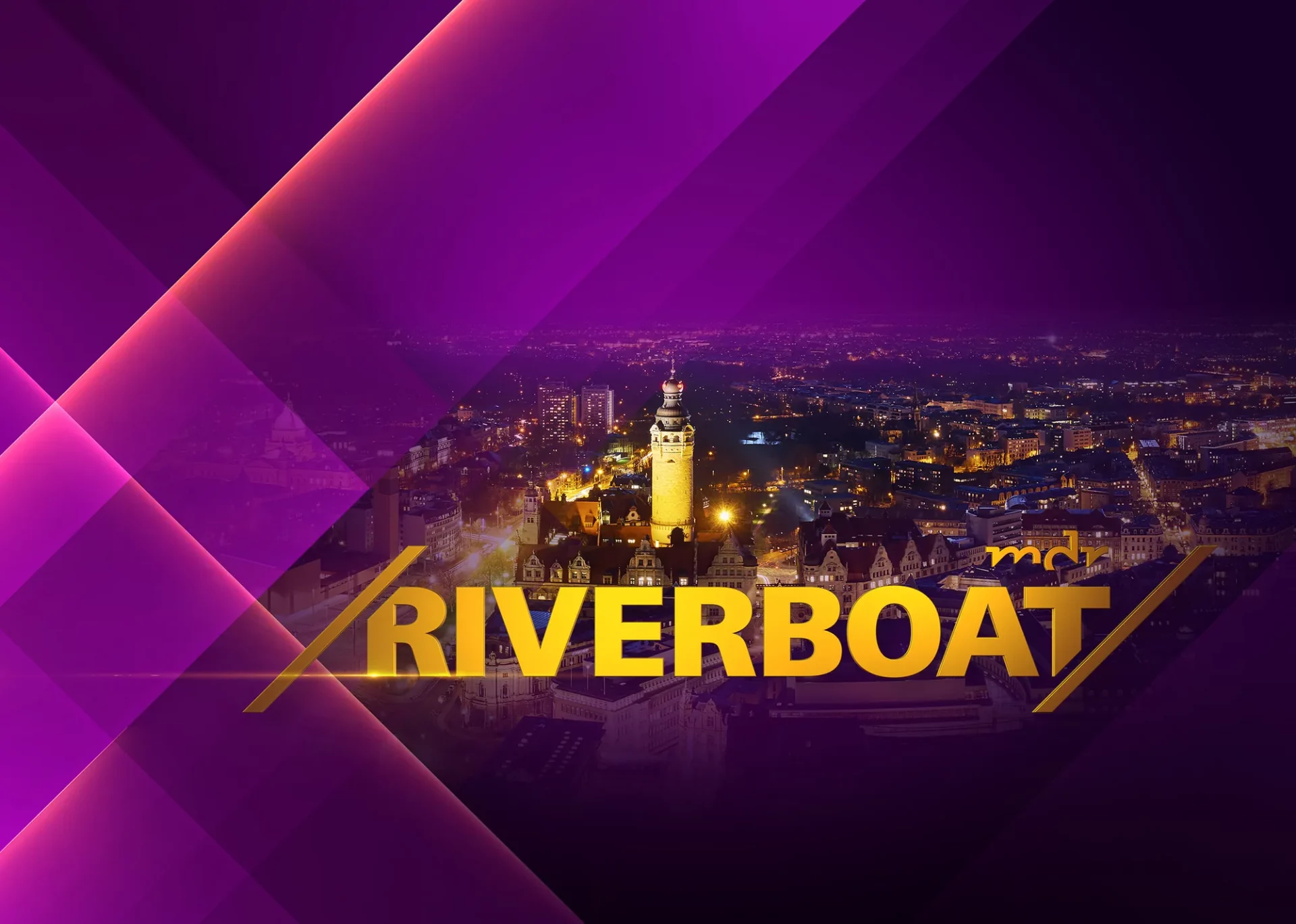 MDR Riverboat Leipzig Logo - mit Schriftzug und Blick auf Leipzig bei Nacht