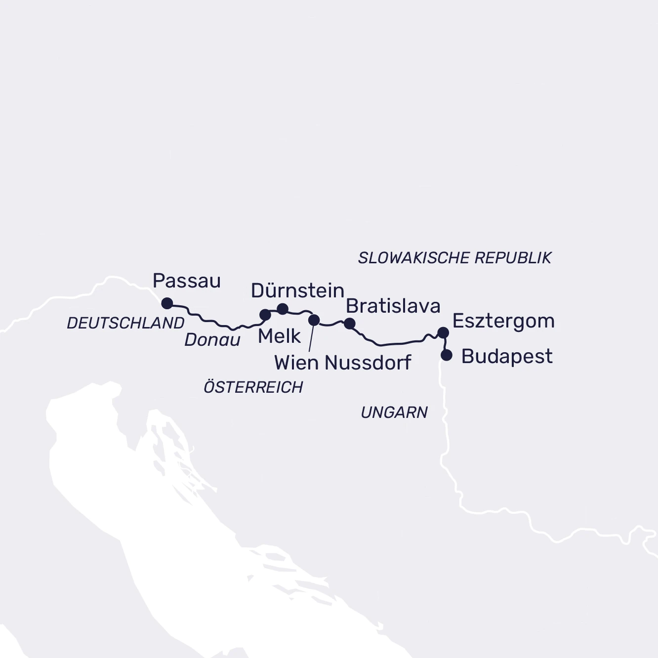 Karte der Donau mit Passau und Budapest