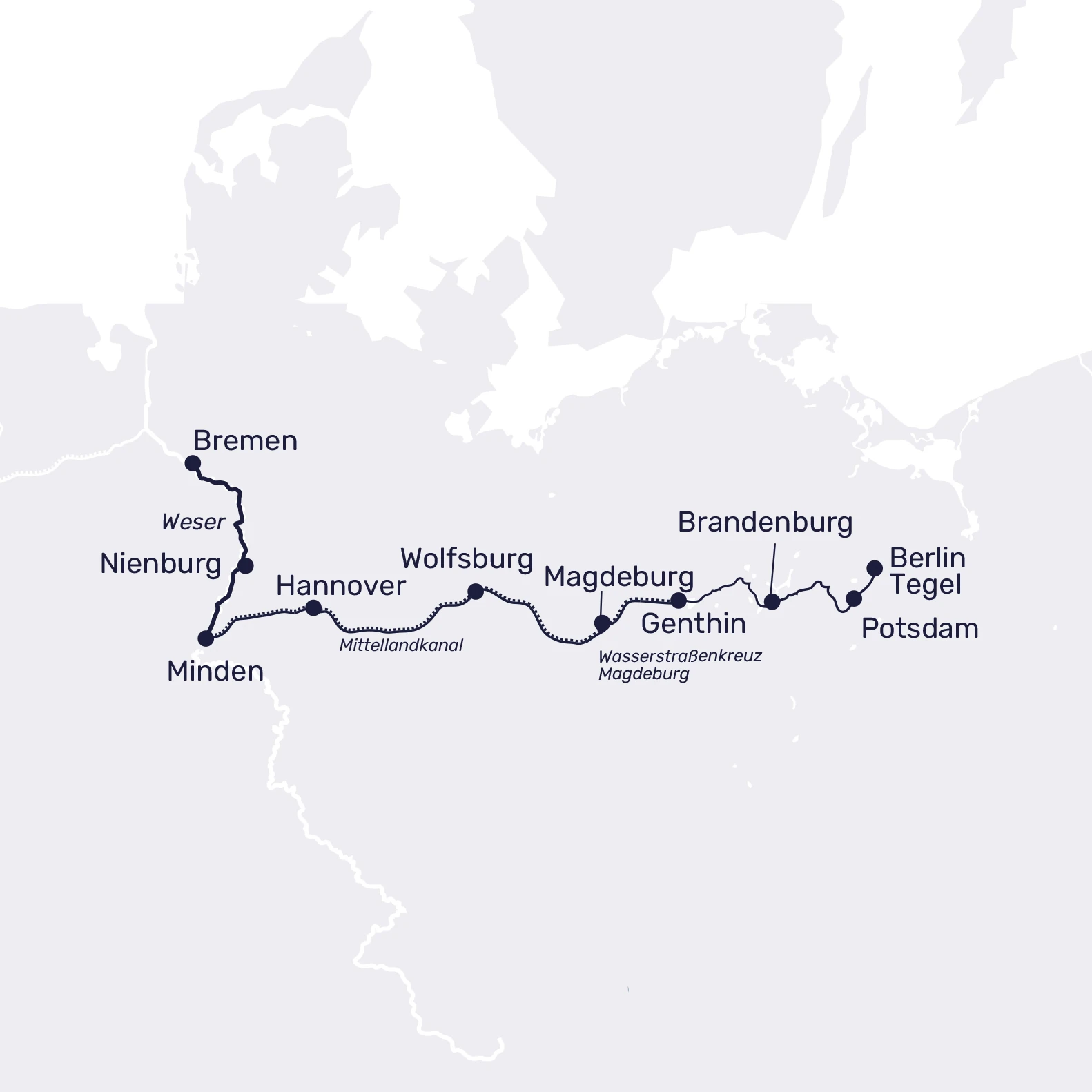 Routenkarte von der Krimi Kreuzfahrt auf der MS SANS SOUCI von Bremen nach Potsdam