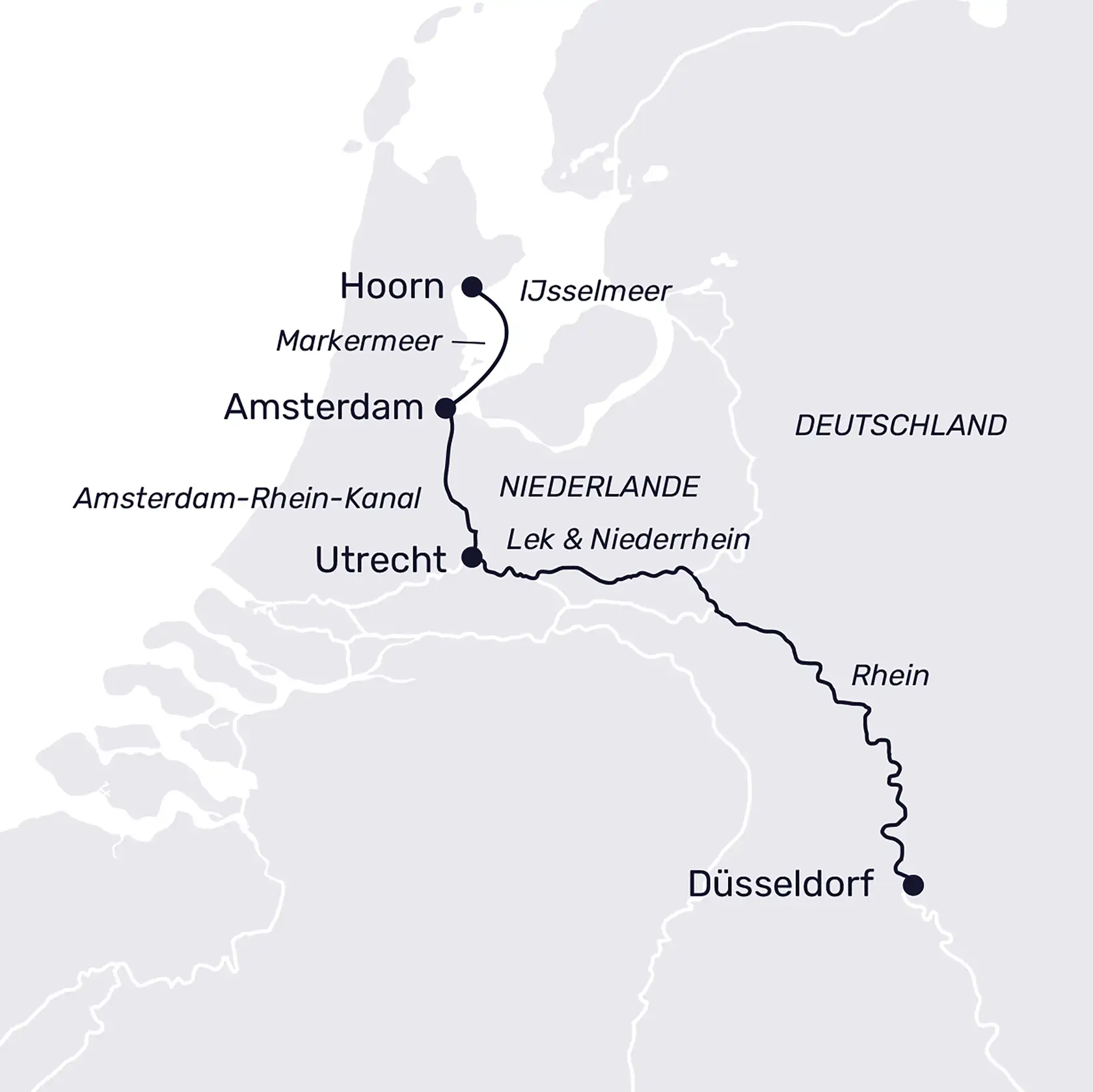 Karte der Route der MS Lady Diletta zur Tulpenblüte 2026: Düsseldorf – Amsterdam – Hoorn – Utrecht – Düsseldorf