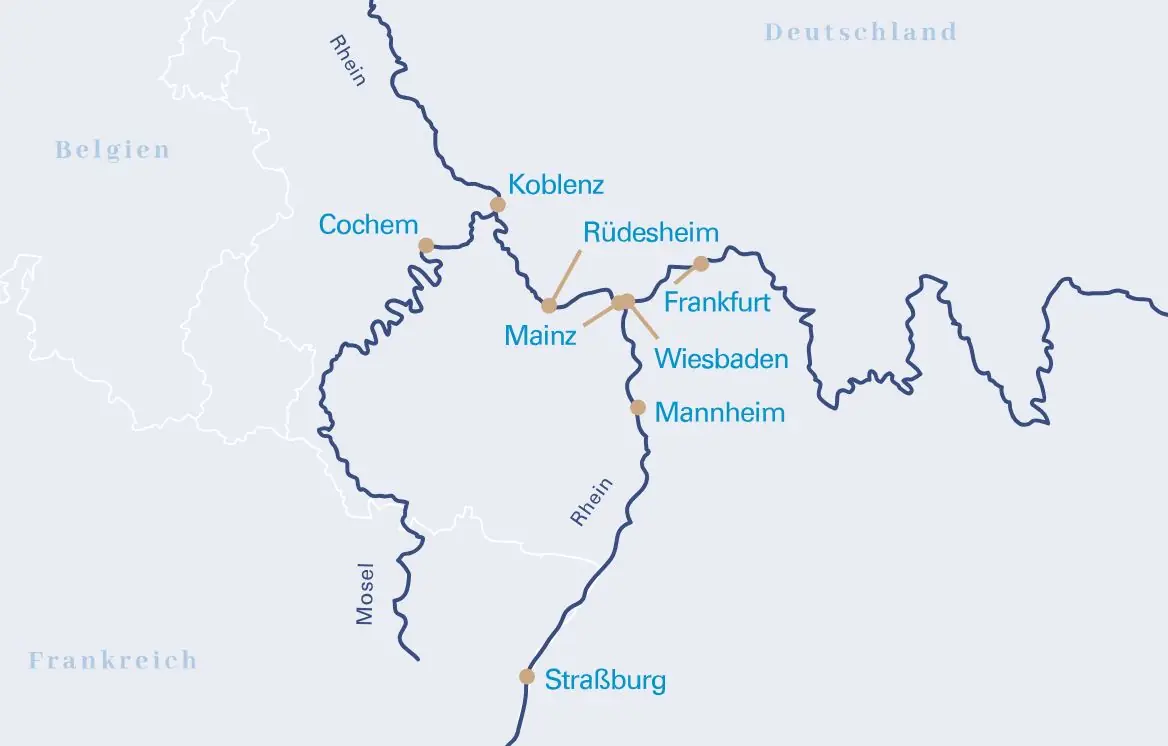 Route der VIVA Tiara während der Kreuzfahrt Rhein Citytrip: Frankfurt – Mannheim – Straßburg – Rüdesheim – Koblenz – Cochem – Wiesbaden – Mainz – Frankfurt