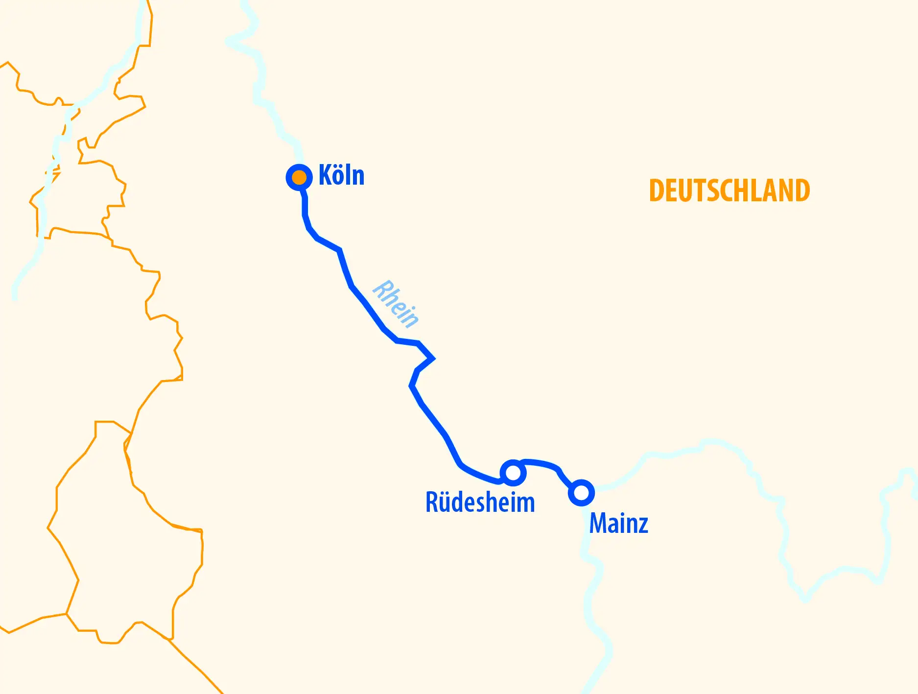 Route Adventsreise Rhein 2025 - VistaNeo: Karte mit einer blauen Route von Köln über Rüdesheim nach Mainz entlang des Rheins in Deutschland.