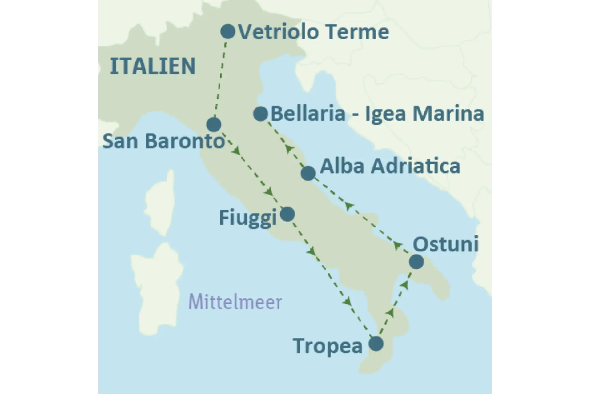 Karte der Italien Rundreise - 16 Nächte mit allen Zwischenstopps: Vetriolo Terme - San Baronto - Fiuggi - Tropea - Ostuni - Alba Adriatica - Bellaria-Igea Marina