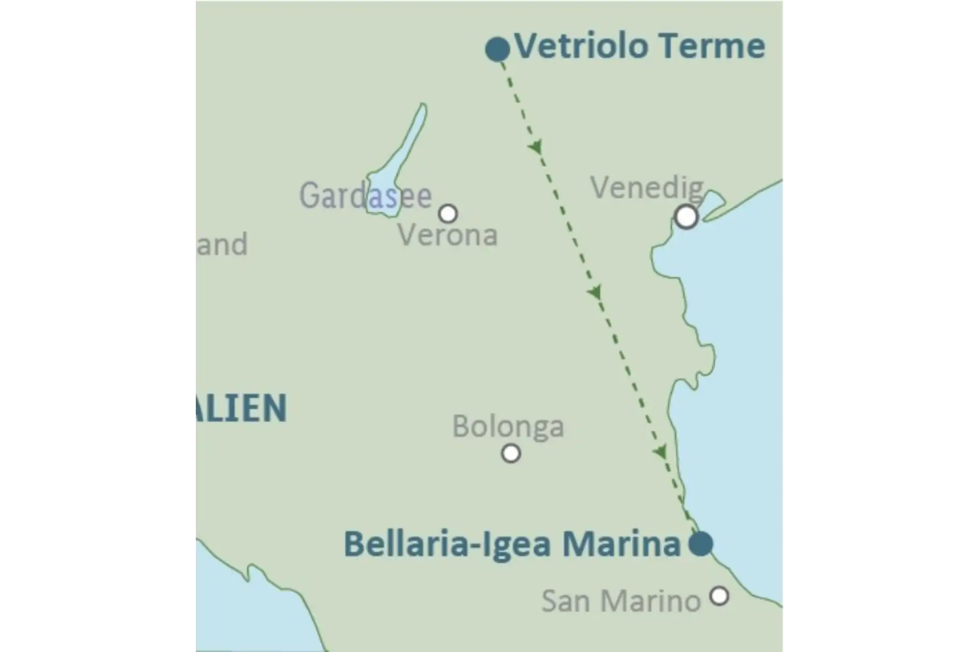 Karte der Italien Rundreise - 6 Nächte mit allen Zwischenstopps: Vetriolo Terme - Bellaria-Igea Marina