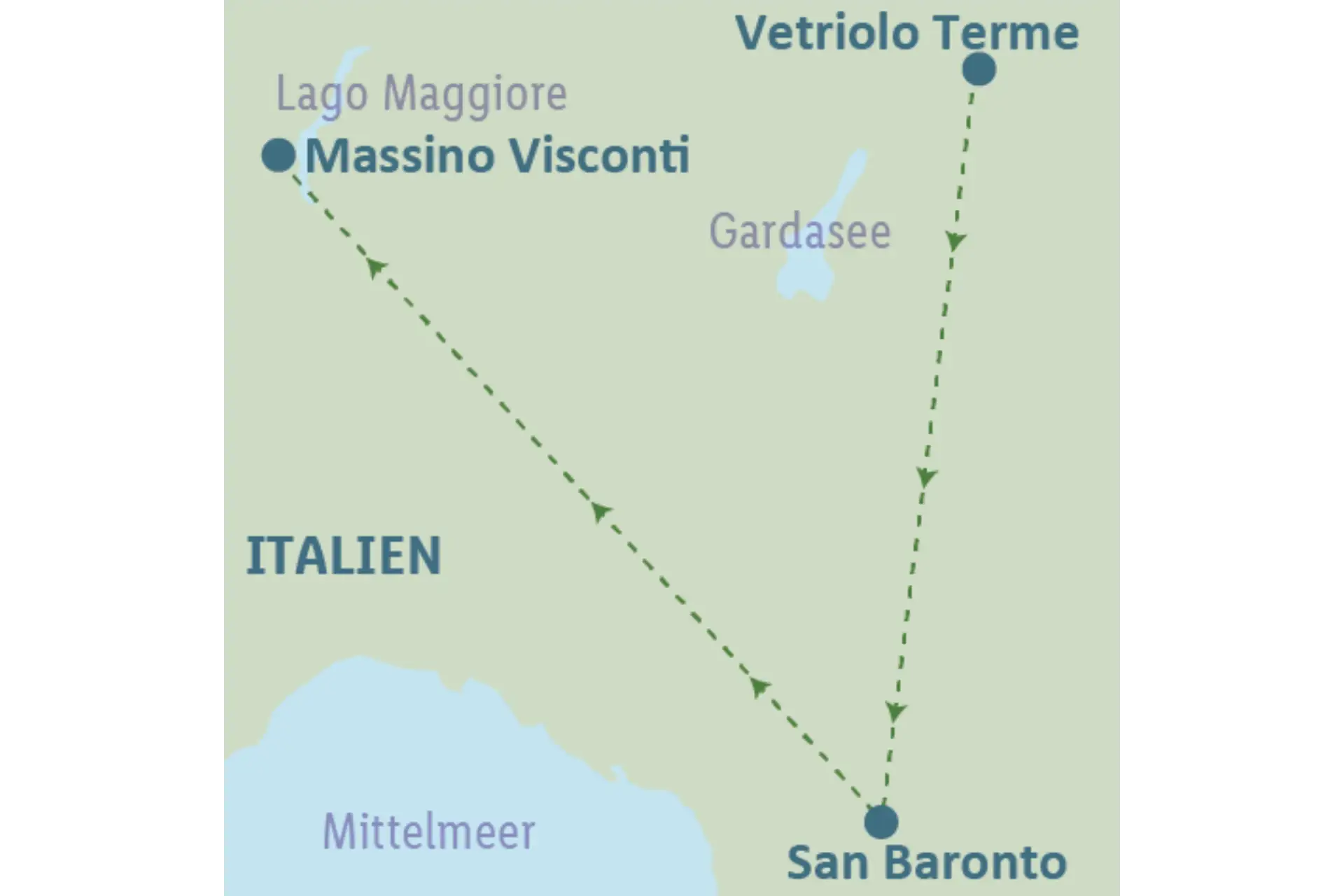 Karte der Italien Rundreise - 9 Nächte mit allen Zwischenstopps: Vetriolo Terme - San Baronto - Massino Visconti