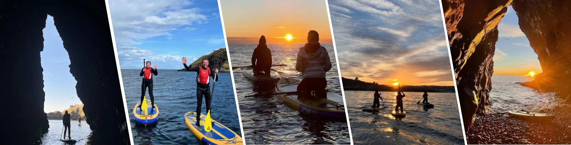 SUP Impressionen von Schottland und dem Anbieter auf dem Meer bei Sonnenuntergang in Collagen Form