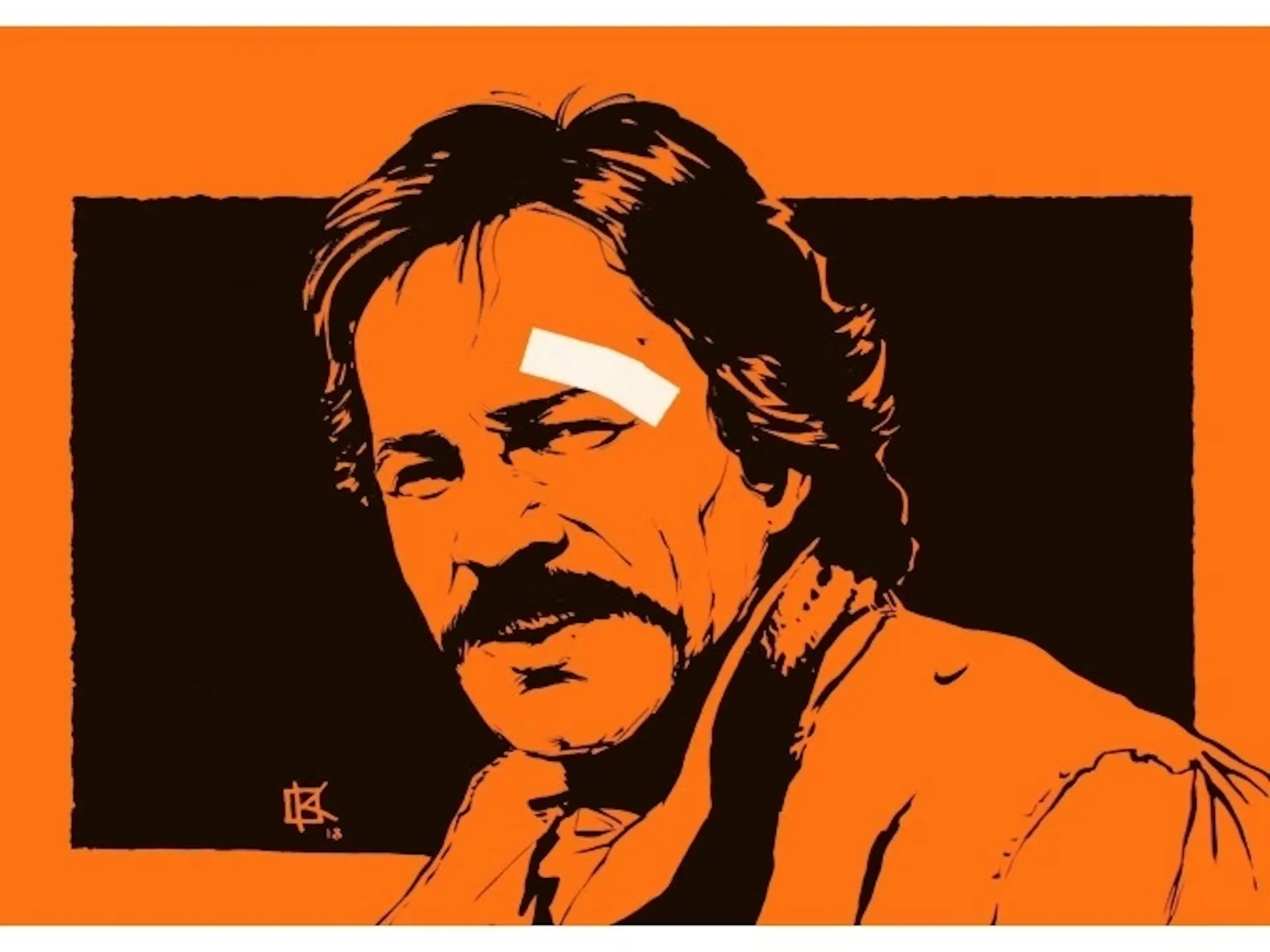 Schimanski Duisburg Tour mit Currywurst - Zeichnung von Schimanski in schwarz auf orangem Hintergrund