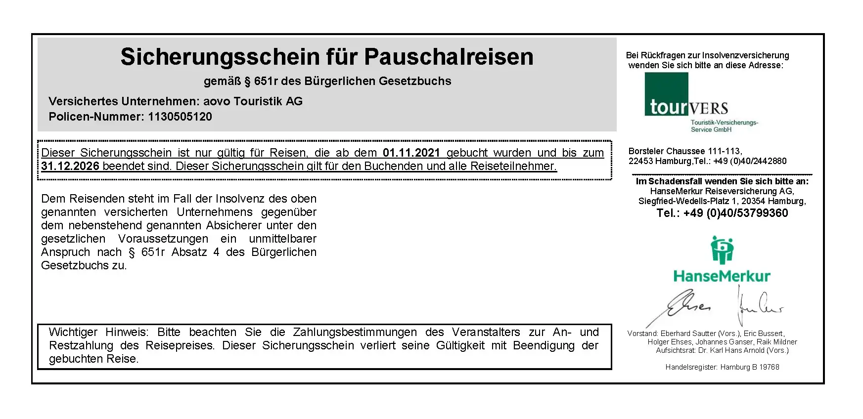 Sicherungsschein aovo Touristik AG - 2026